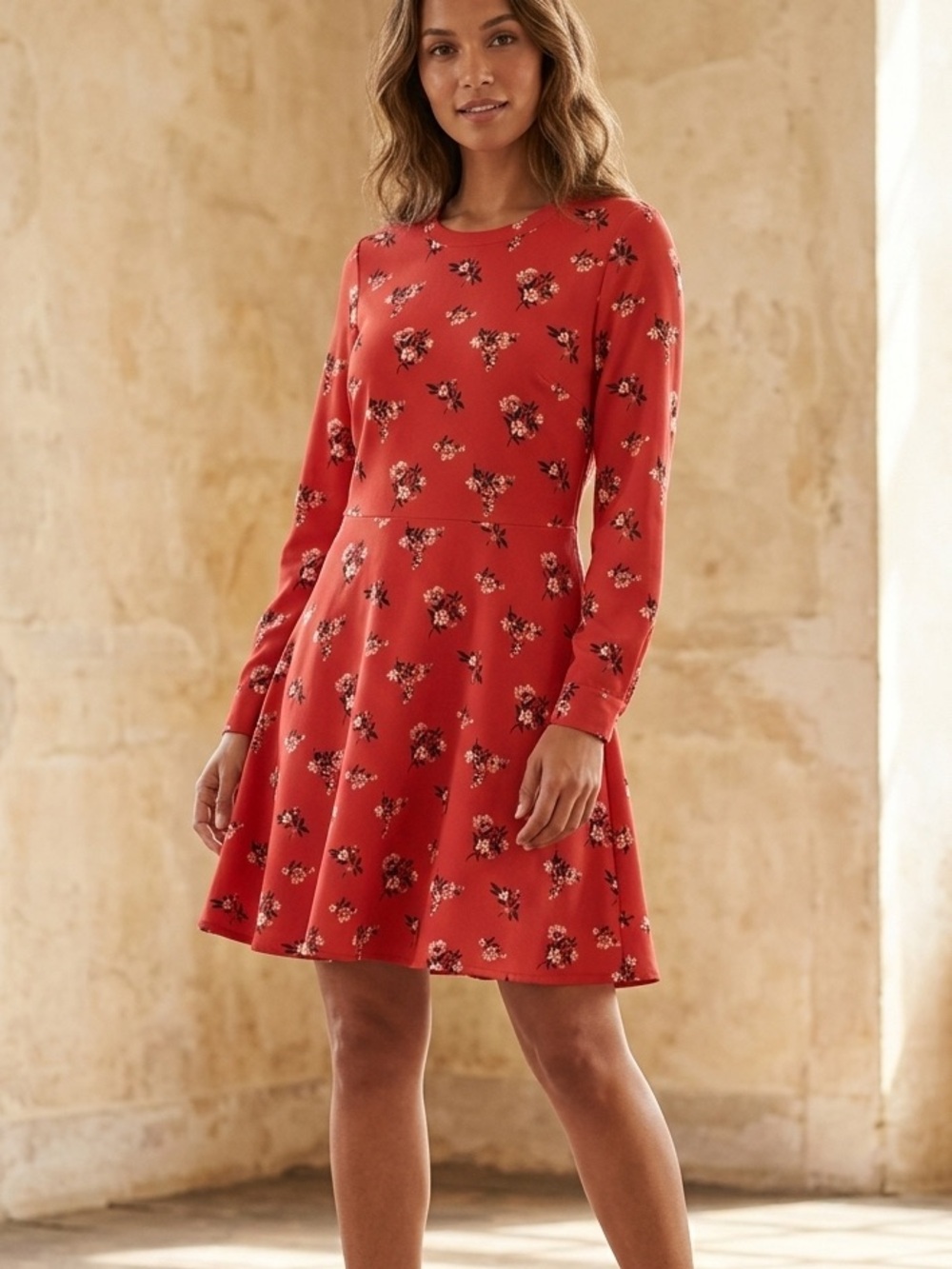 LOFT Rust Size 8 Floral Long-Sleeve Fit & Flare Dress